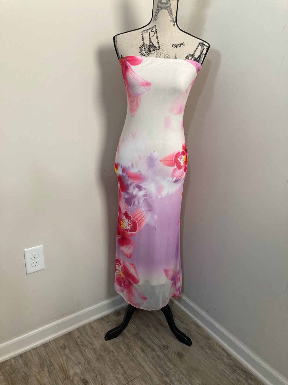 See You Monday Strapless Pink and Purple Cream Floral Maxi Dress